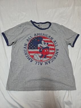 Disney Gray All American Mickey Graphic Ringer Tee with Navy Trim